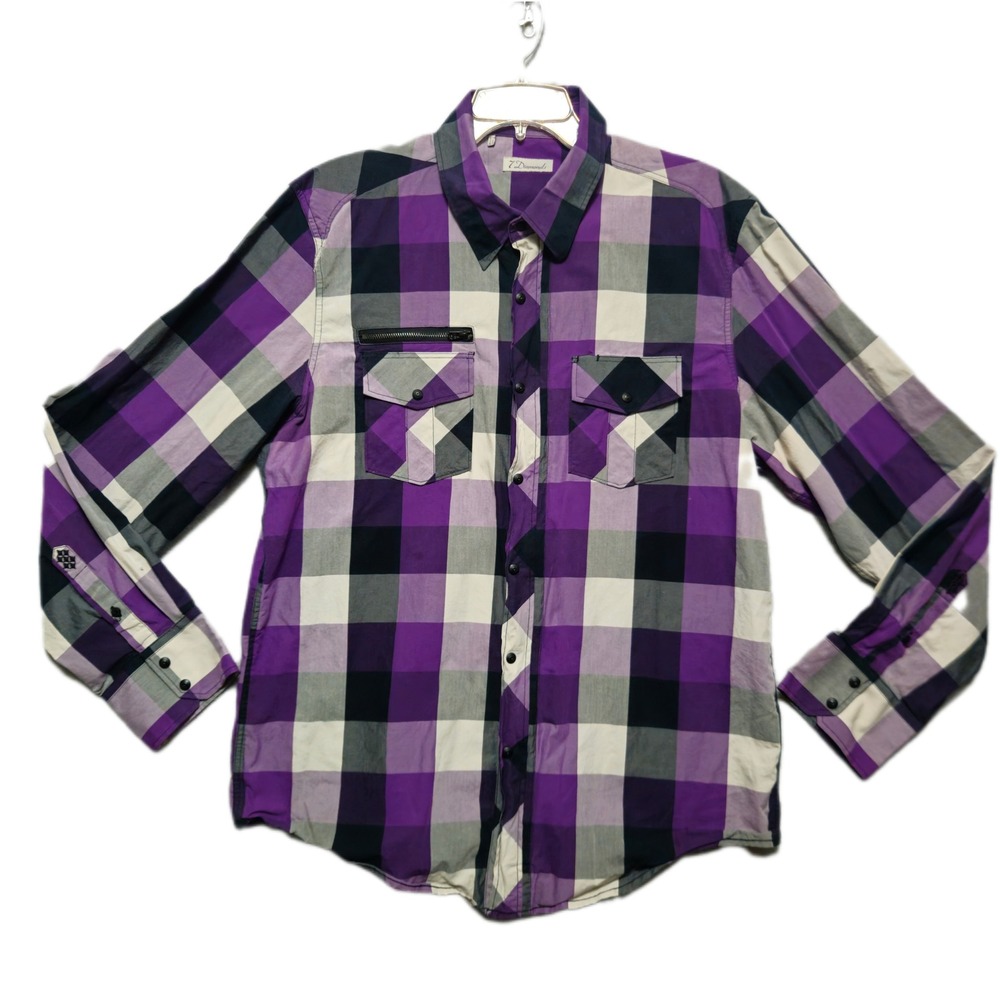 7 Diamonds Long Sleeve Snap Button Full Zip Shirt Mens 2XL Purple Square Plaid